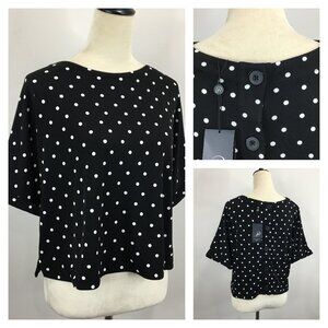 NWT ADRIANNA PAPELL Cuffed Dolman Sleeve Black White Polka Dot Button Back Shirt